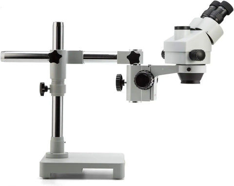 7X-45X Trinocular Stereo Microscope With Wide Field 10X Eyepieces And 0.7X-4.5X Zoom, Single Arm Boom Stand, And 56 LED Ring Light For Gemology Geeks And Electronics Repair Pros, Engraving, And Precise Surface Inspection. Side view on metal stand