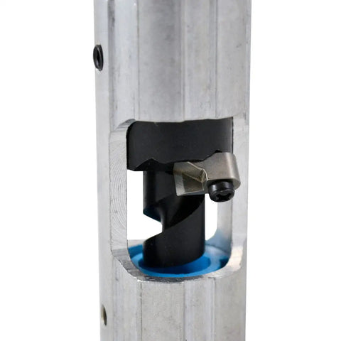 Close-up of Blue CST 625 Combo Coring And Stripping Tool showing blade and metal body for precise sheath removal.