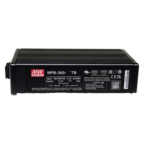Heavy Duty Beast Battery Charger Adapter For Lead Acid And Lithium Banks Delivers Slick 360 Watt 12 Amp Output showing black rugged design and LED indicators.