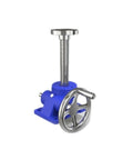 Rock Solid Worm Gear Screw Jack Boasting 200 Kilogram Lift Rating Hand Operated Vertical Reducer in blue, designed for industrial lifting.