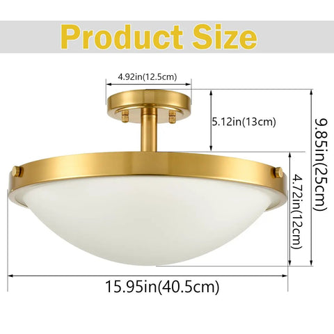 Gold Semi Flush Mount Ceiling Light 16 Inch Mid Century Modern Three Light Milk Glass Fixture With Brass Canopy, product size details.