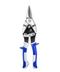Front view of Heavy Duty Aviation Tin Snips For Sheet Metal, 10 Inch Straight Cut Shears in Chrome Vanadium Steel with blue handles.