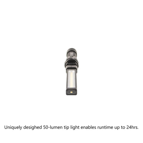 Foldable Rechargeable LED Work Light With COB LED Slim Design And Magnetic Base shown with 50-lumen tip light and USB port