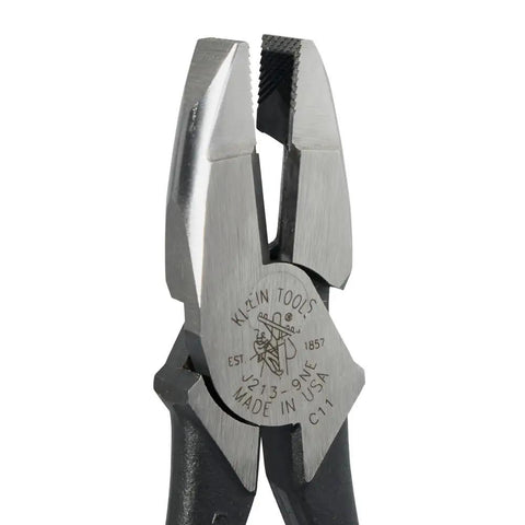 High-Leverage 9-Inch Side Cutter Lineman's Pliers With Color-Coded Handles, Made in USA, showing engraved tool logo detail