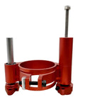 Precision Router Lift System With Aluminum Insert Plate And Wood Routing Base For Workbenches showcasing a red aluminum assembly.