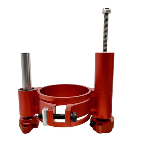 Precision Router Lift System With Aluminum Insert Plate And Wood Routing Base For Workbenches showcasing a red aluminum assembly.