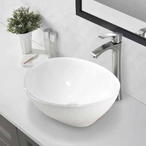 White Vessel Sink And Brushed Nickel Faucet Combo For Above-Counter Bathroom Vanity, 16x13 Inch Oval Sink With Matching Pop-Up Drain