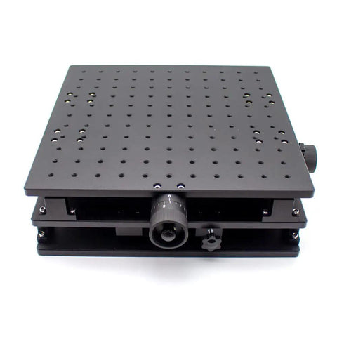 Top Shelf XY Axis Linear Stage With Knockout Matte Black Build For Laser Marking Engraving And Precision Optical Labs, overhead view.