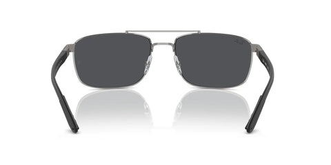 Front view of gunmetal rectangular sunglasses with double bridge and dark grey lenses, 60mm frame, 100% UV protection.