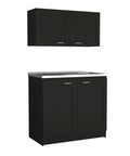 Black Two Piece Cabinet Set With Integrated Countertop Versatile Storage Solution For Bathrooms And Kitchens features upper and lower cabinets.
