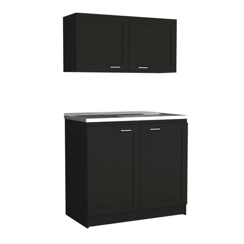 Black Two Piece Cabinet Set With Integrated Countertop Versatile Storage Solution For Bathrooms And Kitchens features upper and lower cabinets.