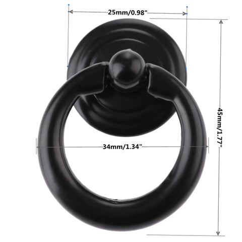 Four Pack Vintage Ring Drawer Pulls For Dresser Cupboard Doors, Old School Retro Vibe Cabinet Knobs In Black, 1.77 By 1.34 Inches