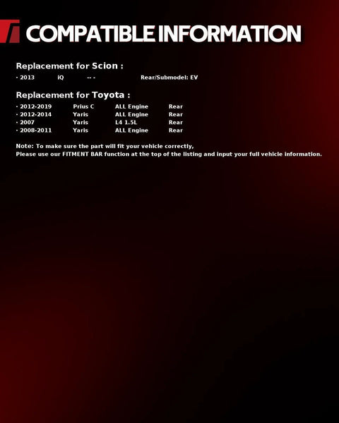 Compatibility chart for Beefy Rear Wheel Hub Bearing Assembly 512370 Compatible With 2007 2014 Toyota Yaris and more.