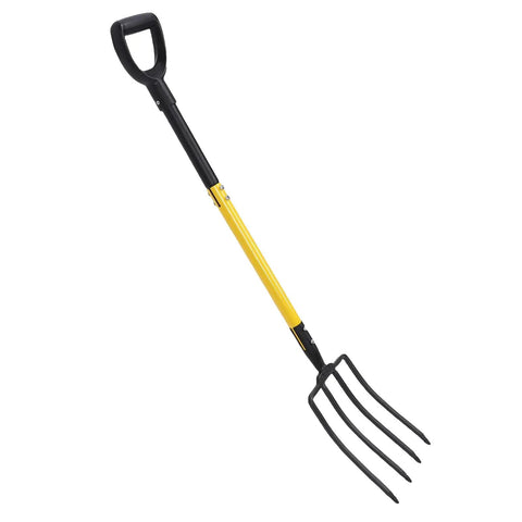 Heavy Duty Garden Spading Fork Workhorse 4 Tines 46 Inch Pitch Fork For Digging Composting Gardening And Transplanting Lift Bulbs Plow Nursery Beds And Turn Soil With Sturdy Y Shaped Handle For Women And Men. Yellow handle with steel tines.