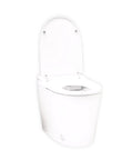 Hassle Free Tankless Smart Toilet Heated Seat Auto Flush Lid Smooth Dual Flush 1000 Map Rating Fully Skirted Elongated Bowl with lid open.