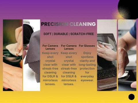 Front view of TOVO PRIME microfiber lens cleaning cloths, 6-pack for glasses and cameras, 6x7 in, 230 GSM