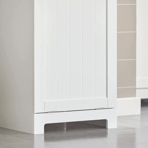 Base detail of Slim Tilt-Out Laundry Hamper Cabinet For Tight Spaces, white MDF finish, side panel view, Space-Saving Laundry Organizer