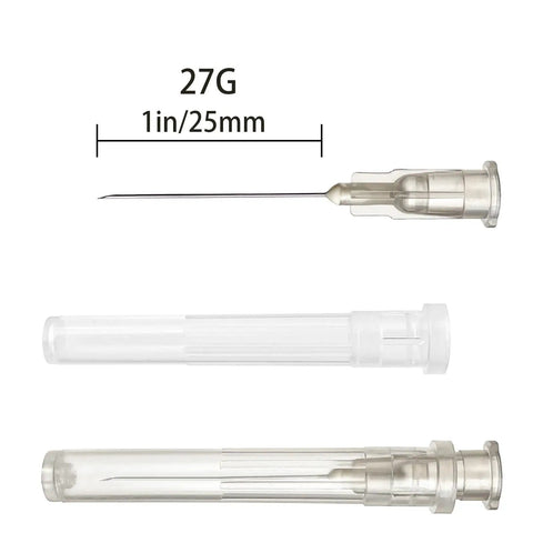 Top Notch Pro Grade Luer Lock Lab Accessories Kit 100 Pieces 27G 1in Individually Packaged Stainless Steel And Polypropylene Versatile Interfaces For Fluid Transfer And Sample Prep In The Lab needle and cap shown with 27G 1in/25mm size
