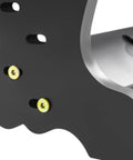 Close-up of Six Hole Floor Standing Sword Display Rack with Adjustable Top and Bottom Plates, black finish, screw detail