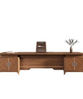 Heavy Duty Solid Wood Executive Desk With Extra Thick 60 Millimeter Tabletop And Rounded Corners For A Boss Level Office Setup, angled view with storage.