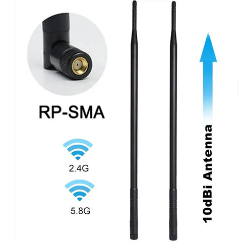 Ultra High Gain 2x 10dBi WiFi Antenna Set With RPSMA Male Connectors, Tri Band 2.4GHz 5GHz 5.8GHz Omni Directional Aerials