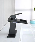 LED Temperature Sensing Matte Black Waterfall Faucet For One Hole Sinks No Sweat Install Vanity Tap With Metal Pop Up Drain Dual Water Lines Stainless Steel Spout Color Changing LED For Cold To Hot Water in action