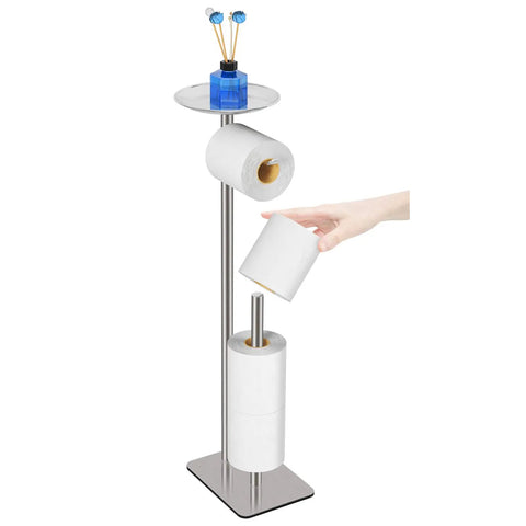 Floor Standing Toilet Paper Holder Dispenser With 4 Roll Capacity And Top Storage Shelf For Phone Wipes Wallet In Stainless Steel Chrome Finish Rustproof And Stable Easy Access No Fuss image.