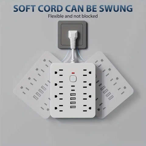 14 In 1 Power Strip With Surge Protection And One Touch Switch Wall Mountable Extension Cord For Office Home School Study US Plug 110 To 130 Volt Rectangle Power Supply With Overload Protection, wall mounted with soft cord