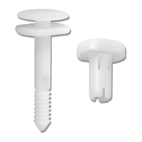 50 Pack White Nylon Car Door Panel Retainer Clips Straight Swap Fits GM 15960325, includes clips with round tops and stems.