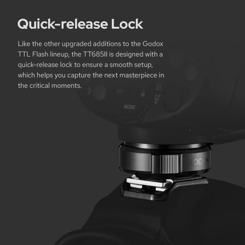 Close-up of quick-release lock on TT685II-C Canon Speedlite Flash E TTL High Speed Sync with 2.4G Wireless X System Upgraded.