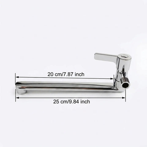 Wall Mounted Extended Kitchen Faucet Cold Only Rotatable Spout 304 Stainless Steel Single Lever for Mop Pool Utility Sink Silver(25cm) with dimensions 20 cm and 25 cm.