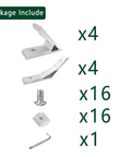 8 Sets 2020 Aluminum Extrusion Kit Featuring M5 T Slot Nuts Screws Wrench And 45 Plus 135 Degree Corner Brackets components including brackets, screws, nut, and wrench.