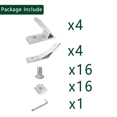 8 Sets 2020 Aluminum Extrusion Kit Featuring M5 T Slot Nuts Screws Wrench And 45 Plus 135 Degree Corner Brackets components including brackets, screws, nut, and wrench.