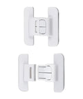 Sticky Mount Automatic Fridge Door Closers Set shown in white adhesive locking mechanism. Keeps doors shut, prevents spills.