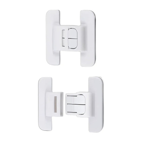 Sticky Mount Automatic Fridge Door Closers Set shown in white adhesive locking mechanism. Keeps doors shut, prevents spills.