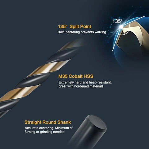Kickass Heavy Duty Cobalt Drill Bit Set With 135 Degree Sharp Tips And Sleek Black Gold Finish showing 135° split point tip and round shank.