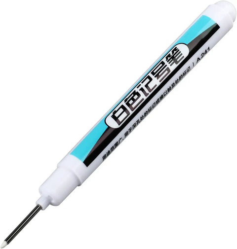 Top Shelf White Permanent Markers Quick Dry Oil Based Ink For Metal Glass Wood Built Tough Industrial And Craft Projects Smooth Writing Long Nozzle visible on a white background.