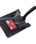 Heavy Duty Square Point Shovel With 14 Gauge Steel Head And Long Fiberglass Handle For Landscaping And Gardening, Digging, Soil Moving, Cleanup And Yard Projects, 60 Inch Made In USA showing steel head and label