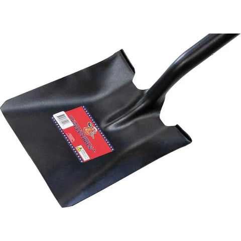 Heavy Duty Square Point Shovel With 14 Gauge Steel Head And Long Fiberglass Handle For Landscaping And Gardening, Digging, Soil Moving, Cleanup And Yard Projects, 60 Inch Made In USA showing steel head and label