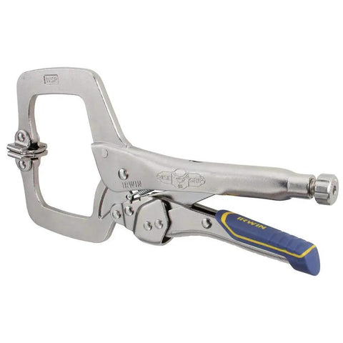Fast Release Welding Pliers With Swivel Pads 11 Inch Locking Pliers C Clamp in silver with blue ergonomic grip shown at an angle