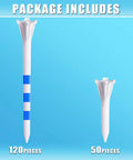 Plastic Golf Tees 170 Pack With Three Line Marking System Two Sizes 3-1/4 Inch And 1-1/2 Inch Low Friction Prongs Display