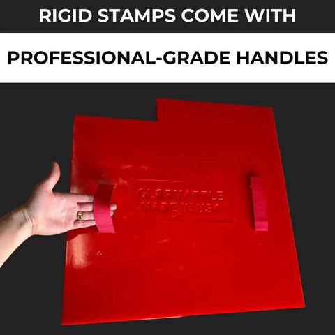 Slate Texture Concrete Stamps 24x24 Inches Pro Grade Durable Polyurethane Rigid Mats For Patios Driveways Walkways And DIY Projects Realistic Ashlar Stone Look Made In USA, showing handles
