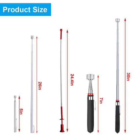 Three Piece Telescoping Magnetic Pick Up Kit With LED Light showing tools at 5in, 26in, 24.4in, 7in, and 30in sizes.
