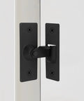 Stainless Steel 90 Degree Right Angle Sliding Door Lock for Barn Doors, 3.17 Inch Bolt installed on wooden door, matte black finish