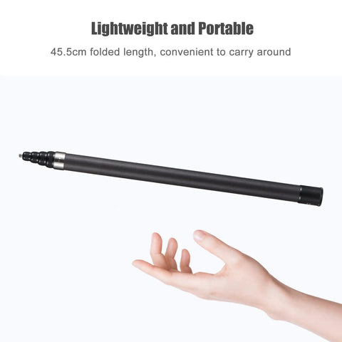 Heavy Duty Carbon Fiber Selfie Stick Extends To Super Long 118 Inches With Reliable 1/4 Inch Mount shown at 45.5cm for portability.