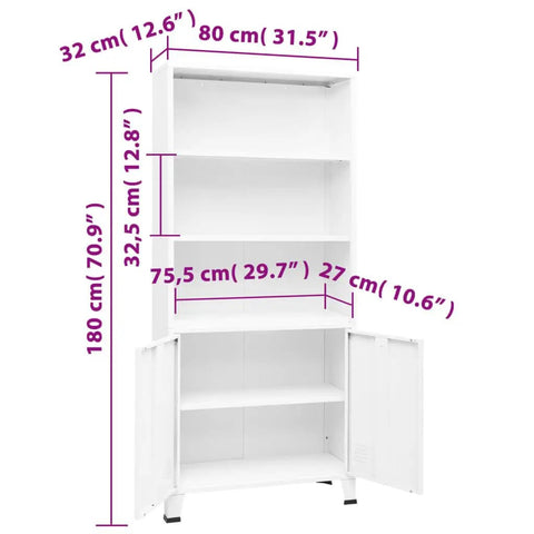 Heavy Duty Industrial Steel Bookshelf With Doors, 70.9 inch tall white storage cabinet, open doors, 3 shelves, ventilation holes