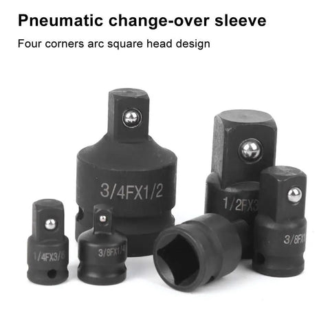 Premium 6 Pc Impact Socket Converter Reducer Adapter Kit With Bolt Hole Locking Design Fits 1/4 3/8 1/2 And 3/4 Inch Drive For Heavy Duty Auto Repair Jobs And Pneumatic Tool Use, black chromoly steel socket reducers shown