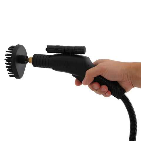 Hand holding a black steam cleaner attachment with bristles, designed for heavy duty cleaning with 1700W steam power.