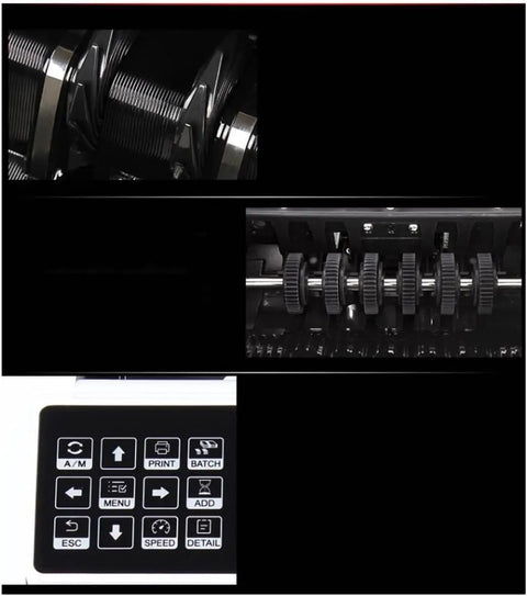 Heavy Duty Electronic Money Detector And Bill Counter That Cracks Multi Currency Cash Like A Boss With Built In Anti Fake Sensors close-up of gears and control panel.