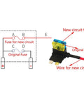 Diagram showing Add A Circuit Fuse Tap Piggy Back Blade Holder Plug Socket 12V 24V Car Pack Of 5 For Dash Cam Alarm GPS And Phone Charger
